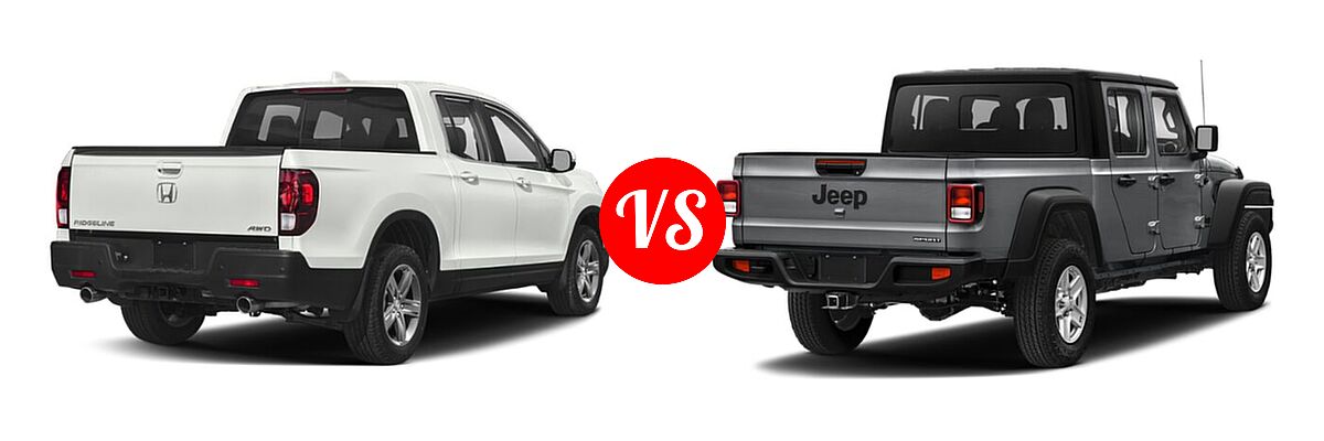 2022 Honda Ridgeline Pickup Sport vs. 2022 Jeep Gladiator Pickup Altitude / Sport / Sport S / Texas Trail / Willys / Willys Sport - Rear Right Comparison
