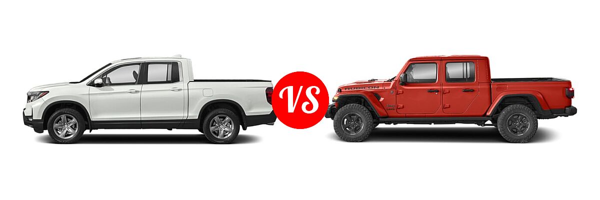 2022 Honda Ridgeline Pickup Sport vs. 2022 Jeep Gladiator Pickup Altitude / High Altitude / Mojave / Overland / Rubicon / Sport / Sport S / Texas Trail / Willys / Willys Sport - Side Comparison