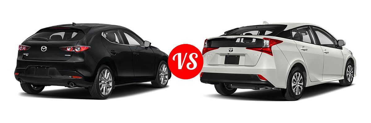 2022 Mazda 3 Hatchback Preferred vs. 2022 Toyota Prius Hatchback Hybrid Nightshade - Rear Right Comparison
