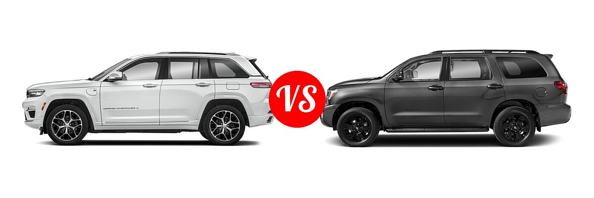 2022 Jeep Grand Cherokee 4xe SUV PHEV 4x4 / Trailhawk vs. 2022 Toyota Sequoia SUV TRD Sport - Side Comparison