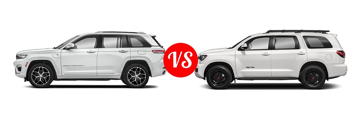 2022 Jeep Grand Cherokee 4xe SUV PHEV 4x4 / Trailhawk vs. 2022 Toyota Sequoia SUV TRD Pro - Side Comparison