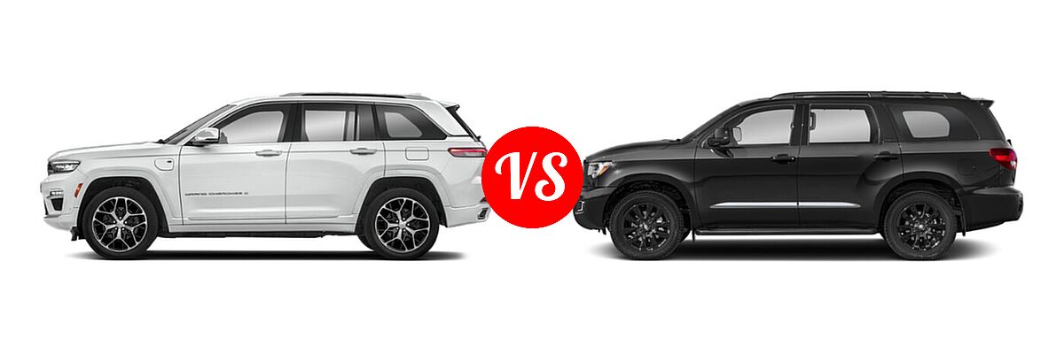 2022 Jeep Grand Cherokee 4xe SUV PHEV 4x4 / Trailhawk vs. 2022 Toyota Sequoia SUV Nightshade - Side Comparison