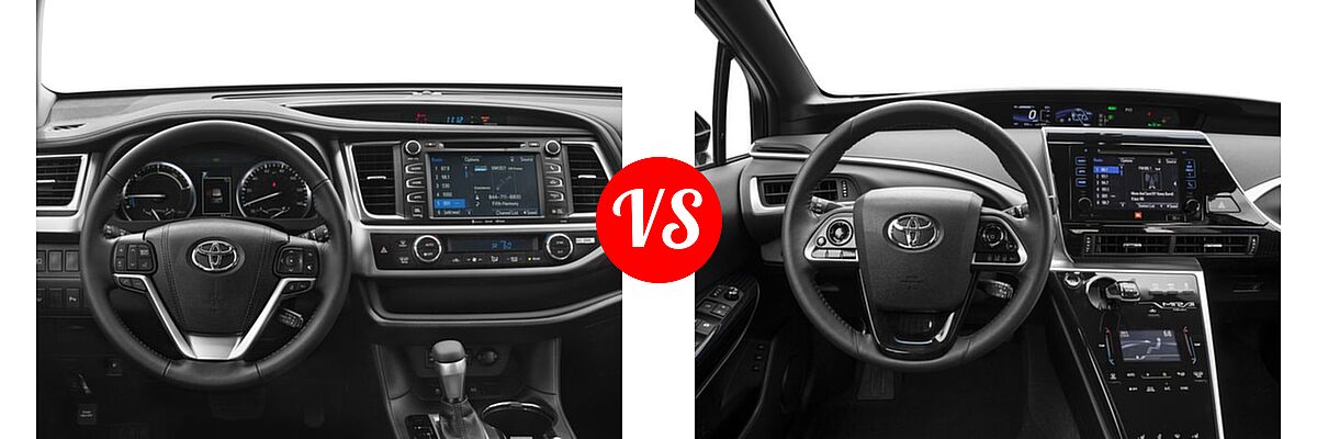 2017 Toyota Highlander Hybrid SUV Hybrid LE / Hybrid Limited / Hybrid Limited Platinum / Hybrid XLE vs. 2017 Toyota Mirai Sedan Sedan - Dashboard Comparison