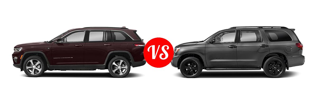 2022 Jeep Grand Cherokee 4xe SUV PHEV Overland / Summit / Summit Reserve vs. 2022 Toyota Sequoia SUV TRD Sport - Side Comparison