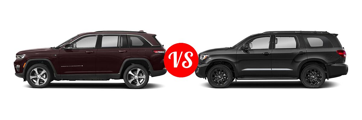 2022 Jeep Grand Cherokee 4xe SUV PHEV Overland / Summit / Summit Reserve vs. 2022 Toyota Sequoia SUV Nightshade - Side Comparison