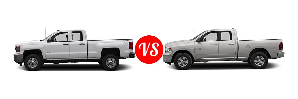 2016 Chevrolet Silverado 2500HD Pickup LT vs. 2016 Ram 1500 Pickup Big Horn / Express / Lone Star / Outdoorsman / SLT - Side Comparison
