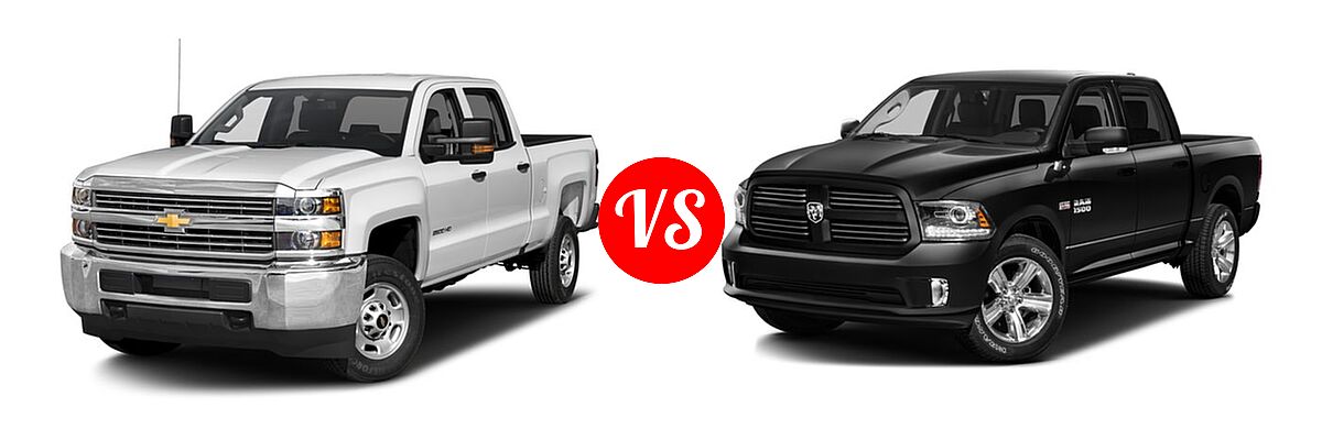 2016 Chevrolet Silverado 2500HD Pickup Work Truck vs. 2016 Ram 1500 Pickup Big Horn / Express / Lone Star / Outdoorsman / Sport / Tradesman - Front Left Comparison