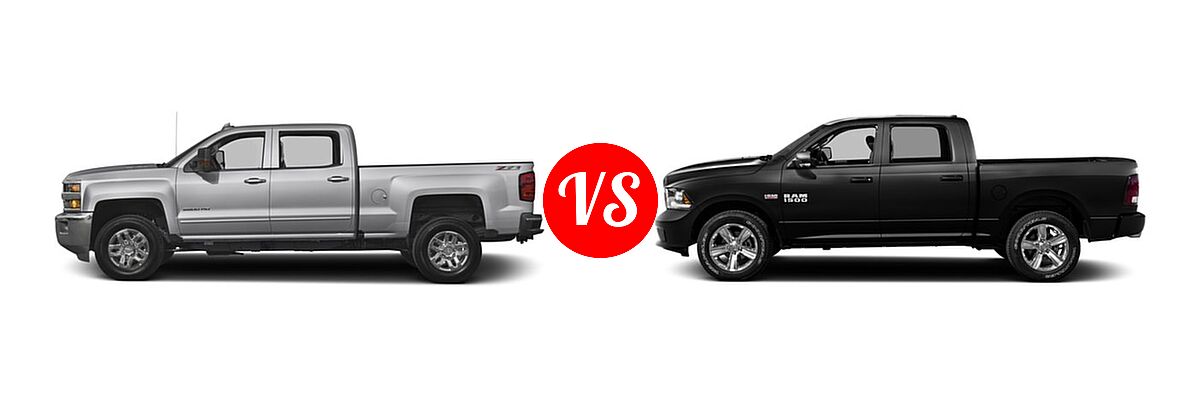 2016 Chevrolet Silverado 2500HD Pickup LT vs. 2016 Ram 1500 Pickup Big Horn / Express / Lone Star / Outdoorsman / Sport / Tradesman - Side Comparison