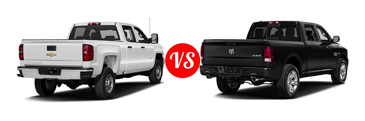 2016 Chevrolet Silverado 2500HD Pickup Work Truck vs. 2016 Ram 1500 Pickup Big Horn / Express / Lone Star / Outdoorsman / Sport / Tradesman - Rear Right Comparison