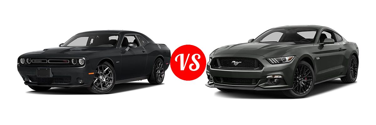 2016 Dodge Challenger Coupe R/T / R/T Plus / R/T Plus Shaker / R/T Shaker vs. 2016 Ford Mustang Coupe GT / GT Premium - Front Left Comparison