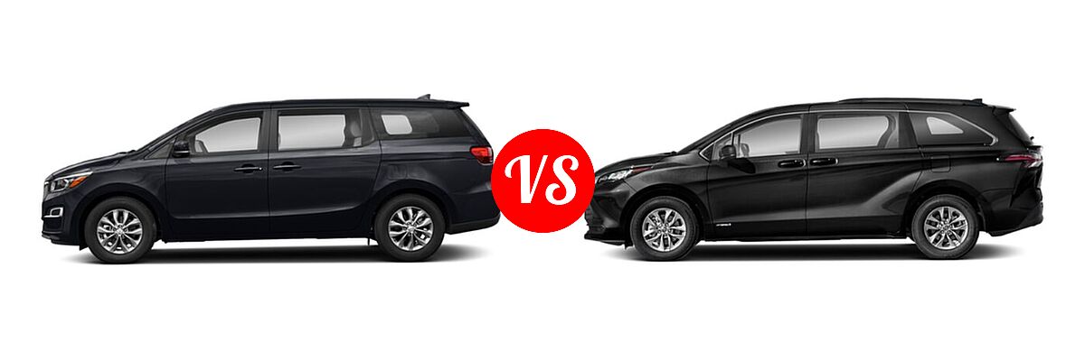 2020 Kia Sedona Minivan L / LX vs. 2021 Toyota Sienna Minivan Hybrid LE - Side Comparison