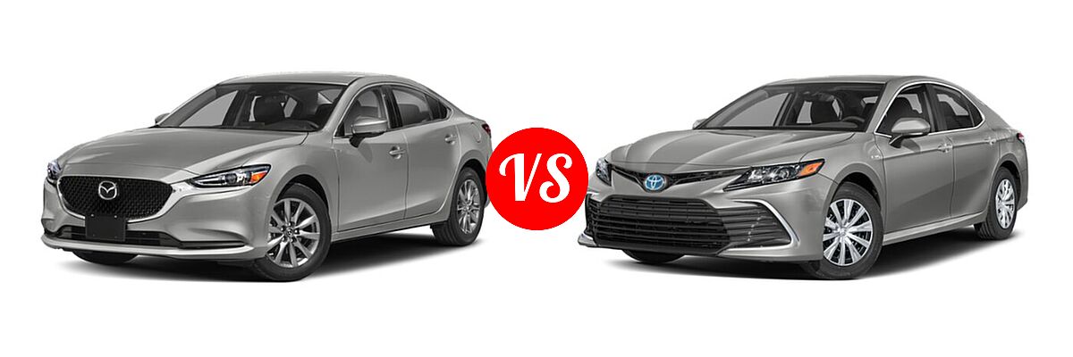 2021 Mazda 6 Sedan Sport vs. 2021 Toyota Camry Hybrid Sedan Hybrid Hybrid LE - Front Left Comparison