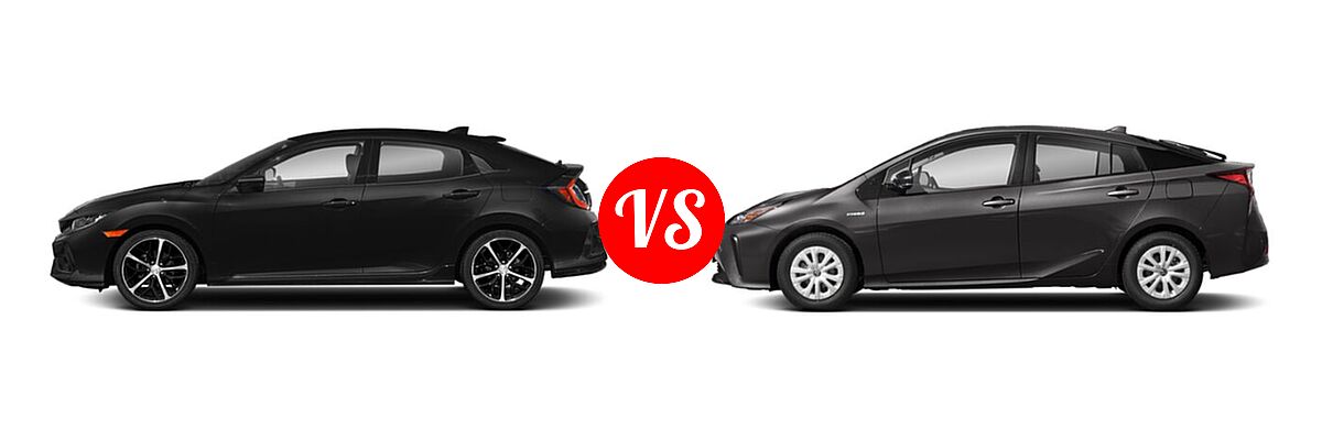 2021 Honda Civic Hatchback Sport vs. 2021 Toyota Prius Hatchback Hybrid 20th Anniversary Edition / L Eco / XLE - Side Comparison