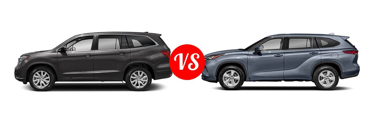 2021 Honda Pilot SUV LX vs. 2021 Toyota Highlander Hybrid SUV Hybrid Hybrid LE / Hybrid XLE - Side Comparison