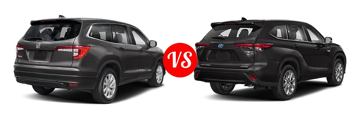 2021 Honda Pilot SUV LX vs. 2021 Toyota Highlander Hybrid SUV Hybrid Hybrid Limited - Rear Right Comparison