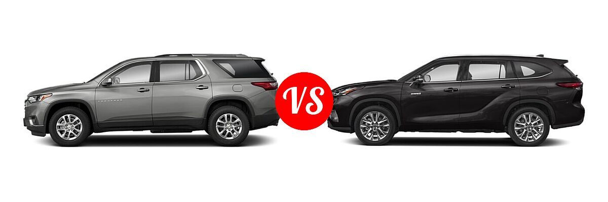 2021 Chevrolet Traverse SUV LT Cloth / LT Leather / RS vs. 2021 Toyota Highlander Hybrid SUV Hybrid Hybrid Limited - Side Comparison