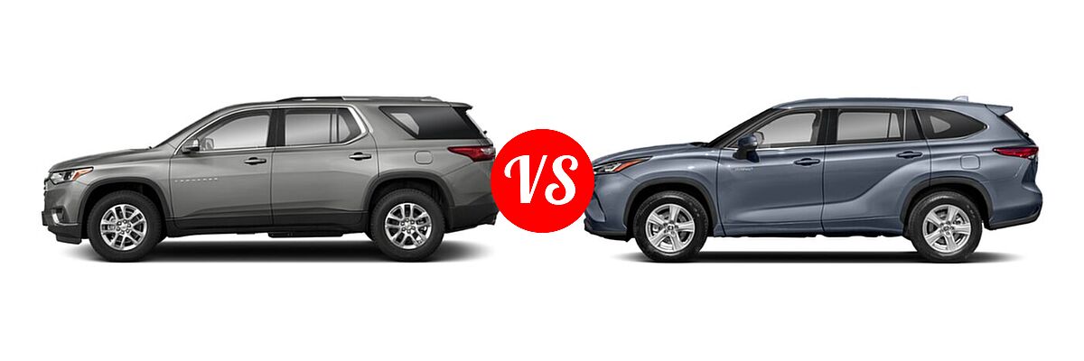 2021 Chevrolet Traverse SUV LT Cloth / LT Leather / RS vs. 2021 Toyota Highlander Hybrid SUV Hybrid Hybrid LE / Hybrid XLE - Side Comparison