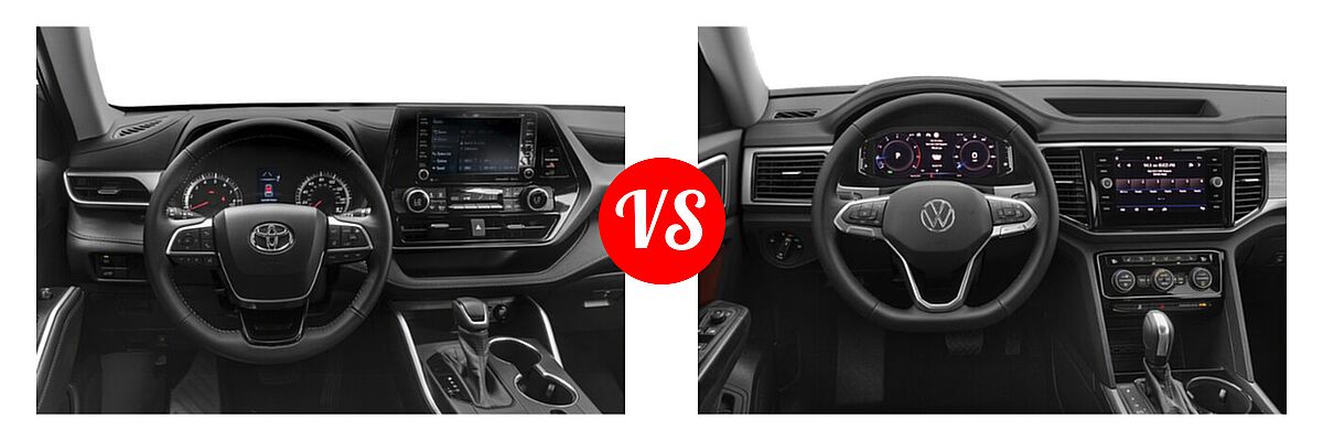 2021 Toyota Highlander SUV L / LE vs. 2021 Volkswagen Atlas SUV 2.0T S / 2.0T SE / 2.0T SE w/Technology / 2.0T SEL / 2.0T SEL Premium / 3.6L V6 SE w/Technology / 3.6L V6 SE w/Technology R-Line / 3.6L V6 SEL / 3.6L V6 SEL Premium - Dashboard Comparison