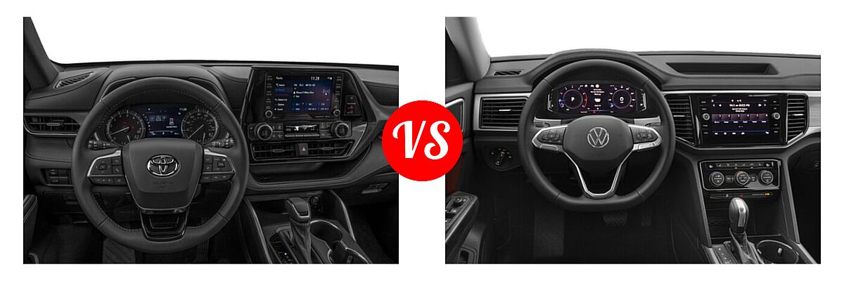 2021 Toyota Highlander SUV XSE vs. 2021 Volkswagen Atlas SUV 2.0T S / 2.0T SE / 2.0T SE w/Technology / 2.0T SEL / 2.0T SEL Premium / 3.6L V6 SE w/Technology / 3.6L V6 SE w/Technology R-Line / 3.6L V6 SEL / 3.6L V6 SEL Premium - Dashboard Comparison