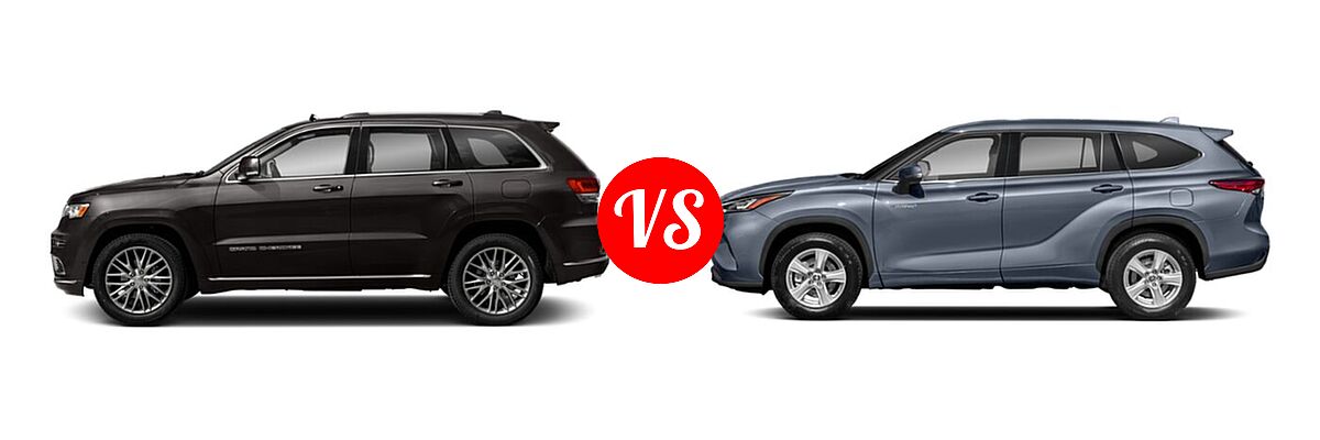 2021 Jeep Grand Cherokee SUV Summit vs. 2021 Toyota Highlander Hybrid SUV Hybrid Hybrid LE / Hybrid XLE - Side Comparison