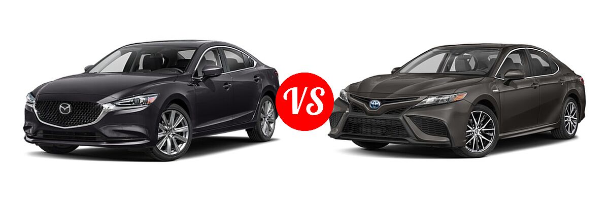 2021 Mazda 6 Sedan Touring vs. 2021 Toyota Camry Hybrid Sedan Hybrid Hybrid SE - Front Left Comparison
