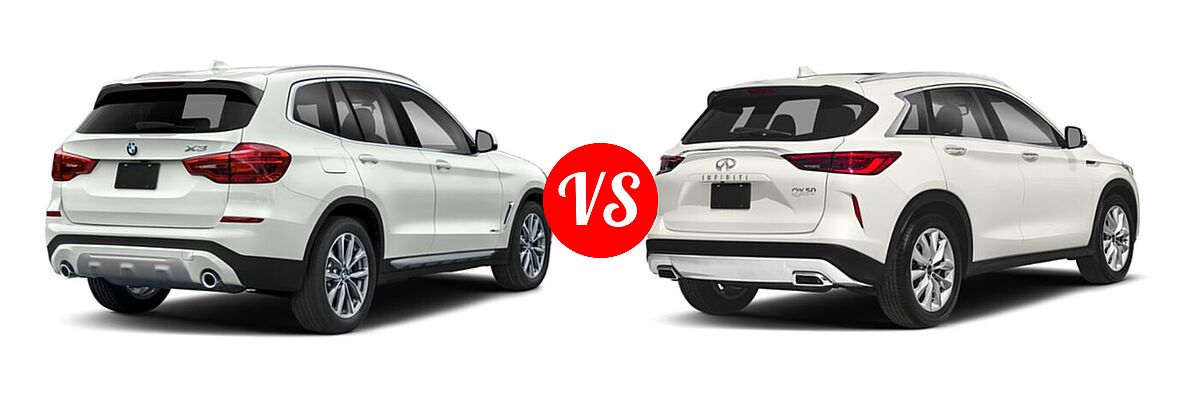 2021 BMW X3 SUV sDrive30i / xDrive30i vs. 2019 Infiniti QX50 SUV ESSENTIAL / LUXE / PURE - Rear Right Comparison