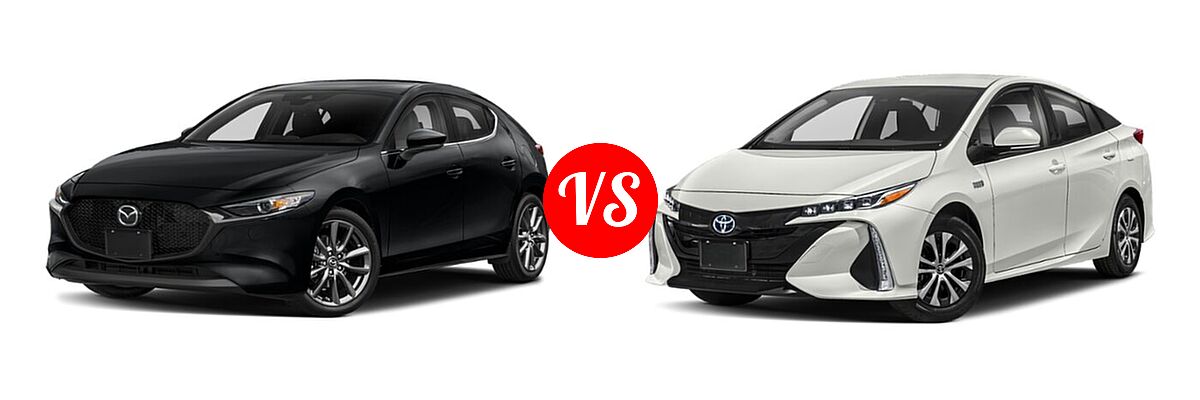 2021 Mazda 3 Hatchback Preferred vs. 2021 Toyota Prius Prime Hatchback PHEV LE / XLE - Front Left Comparison