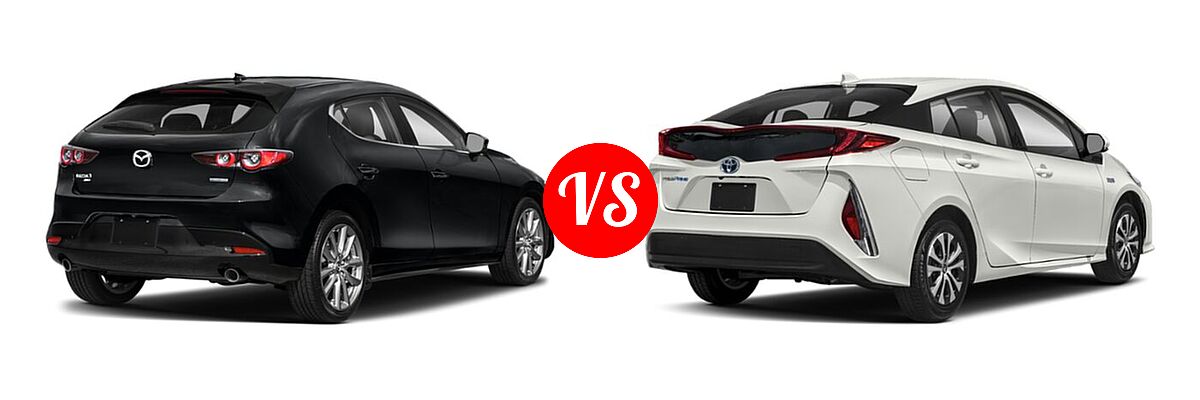 2021 Mazda 3 Hatchback Preferred vs. 2021 Toyota Prius Prime Hatchback PHEV LE / XLE - Rear Right Comparison