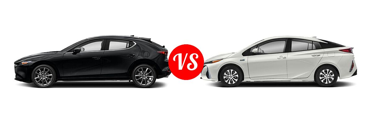 2021 Mazda 3 Hatchback Preferred vs. 2021 Toyota Prius Prime Hatchback PHEV LE / XLE - Side Comparison