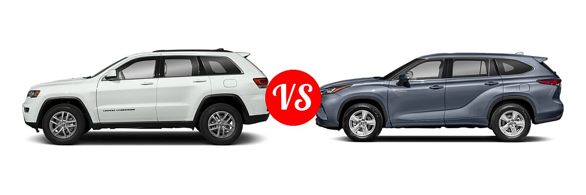 2021 Jeep Grand Cherokee SUV Laredo E / Laredo X vs. 2021 Toyota Highlander Hybrid SUV Hybrid Hybrid LE / Hybrid XLE - Side Comparison