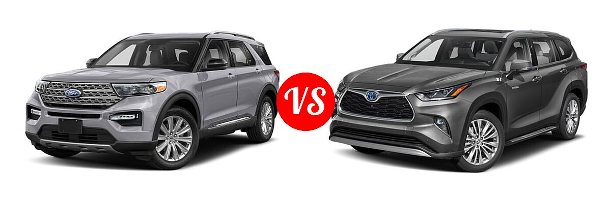 2021 Ford Explorer SUV Base / Limited / Platinum / XLT vs. 2021 Toyota Highlander Hybrid SUV Hybrid Hybrid Platinum - Front Left Comparison