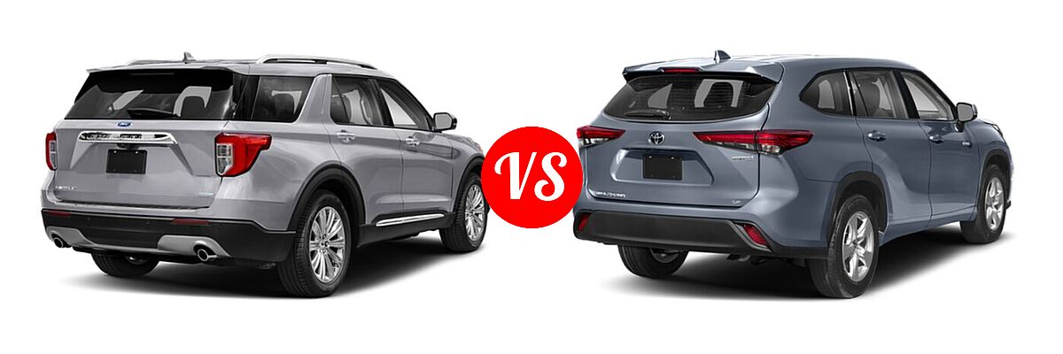2021 Ford Explorer SUV Base / Limited / Platinum / XLT vs. 2021 Toyota Highlander Hybrid SUV Hybrid Hybrid LE / Hybrid XLE - Rear Right Comparison