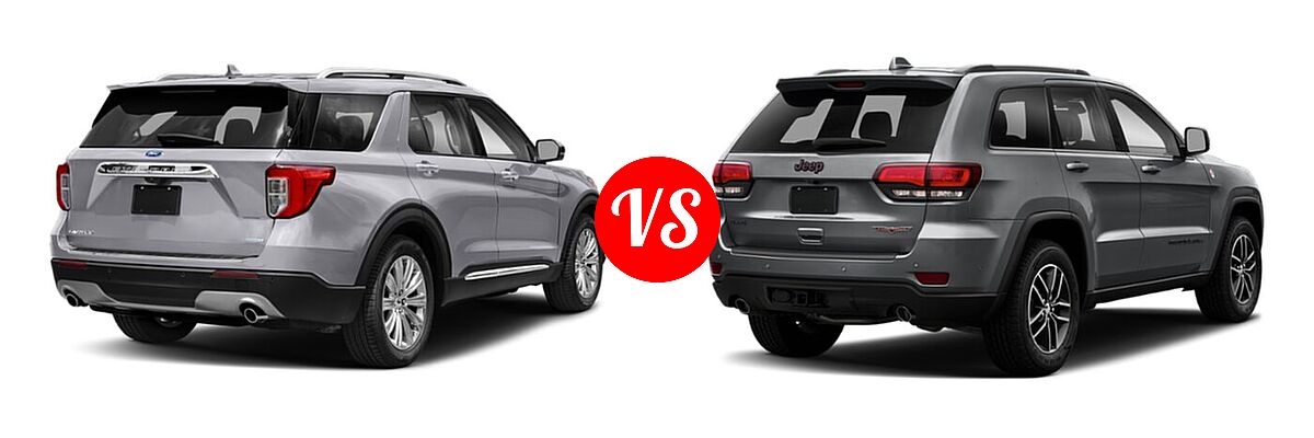 2021 Ford Explorer SUV Base / Limited / Platinum / XLT vs. 2021 Jeep Grand Cherokee SUV Trailhawk - Rear Right Comparison