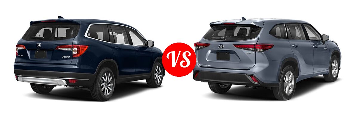 2021 Honda Pilot SUV EX vs. 2021 Toyota Highlander Hybrid SUV Hybrid Hybrid LE / Hybrid XLE - Rear Right Comparison