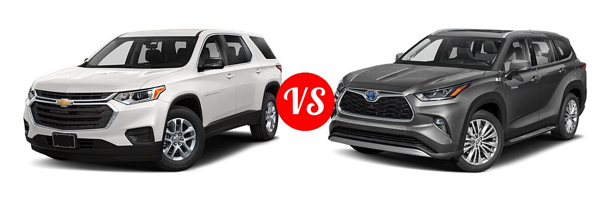 2021 Chevrolet Traverse SUV L / LS vs. 2021 Toyota Highlander Hybrid SUV Hybrid Hybrid Platinum - Front Left Comparison