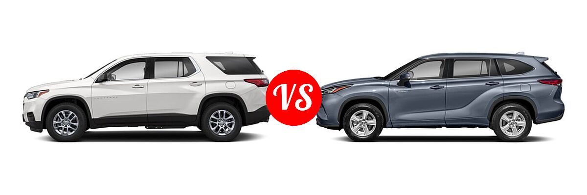 2021 Chevrolet Traverse SUV L / LS vs. 2021 Toyota Highlander Hybrid SUV Hybrid Hybrid LE / Hybrid XLE - Side Comparison