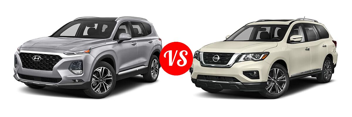 2020 Hyundai Santa Fe SUV Limited / Limited w/SULEV / SEL vs. 2020 Nissan Pathfinder SUV Platinum - Front Left Comparison