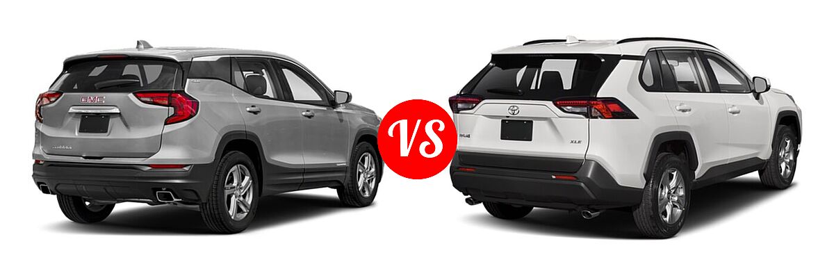 2021 GMC Terrain SUV SLT vs. 2021 Toyota RAV4 SUV XLE / XLE Premium - Rear Right Comparison