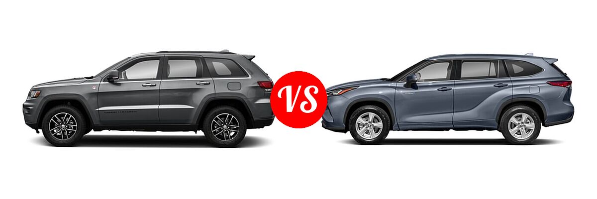 2021 Jeep Grand Cherokee SUV Trailhawk vs. 2021 Toyota Highlander Hybrid SUV Hybrid Hybrid LE / Hybrid XLE - Side Comparison