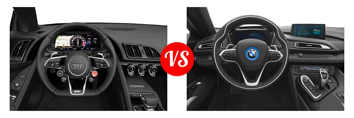 2021 Audi R8 Convertible V10 / V10 performance vs. 2019 BMW i8 Convertible PHEV Roadster - Dashboard Comparison
