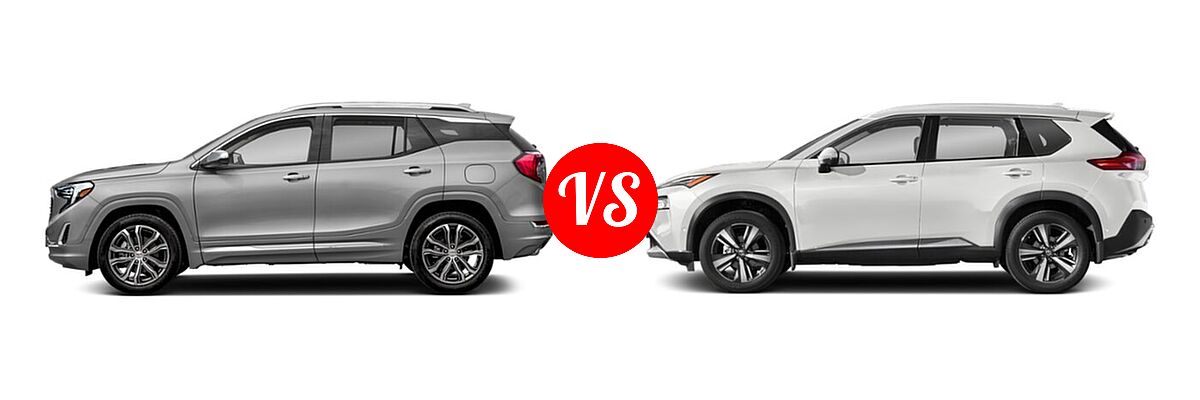 2021 GMC Terrain SUV Denali vs. 2021 Nissan Rogue SUV S / SL / SV - Side Comparison