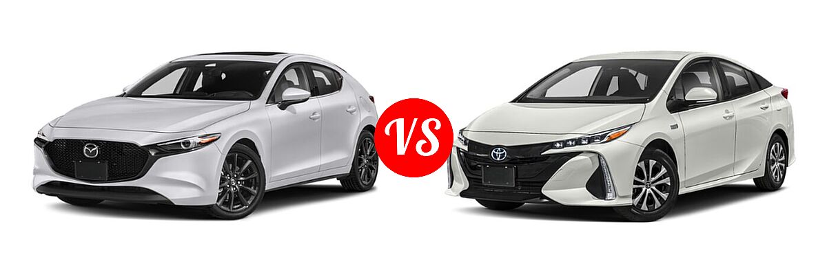 2021 Mazda 3 Hatchback Premium vs. 2021 Toyota Prius Prime Hatchback PHEV LE / XLE - Front Left Comparison