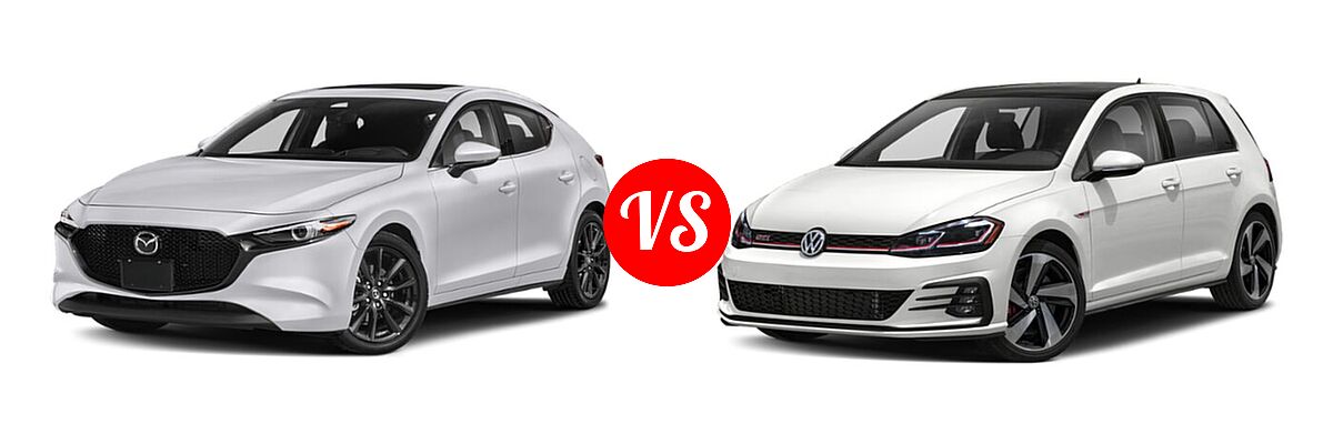 2021 Mazda 3 Hatchback Premium vs. 2021 Volkswagen Golf GTI Hatchback Autobahn / SE - Front Left Comparison