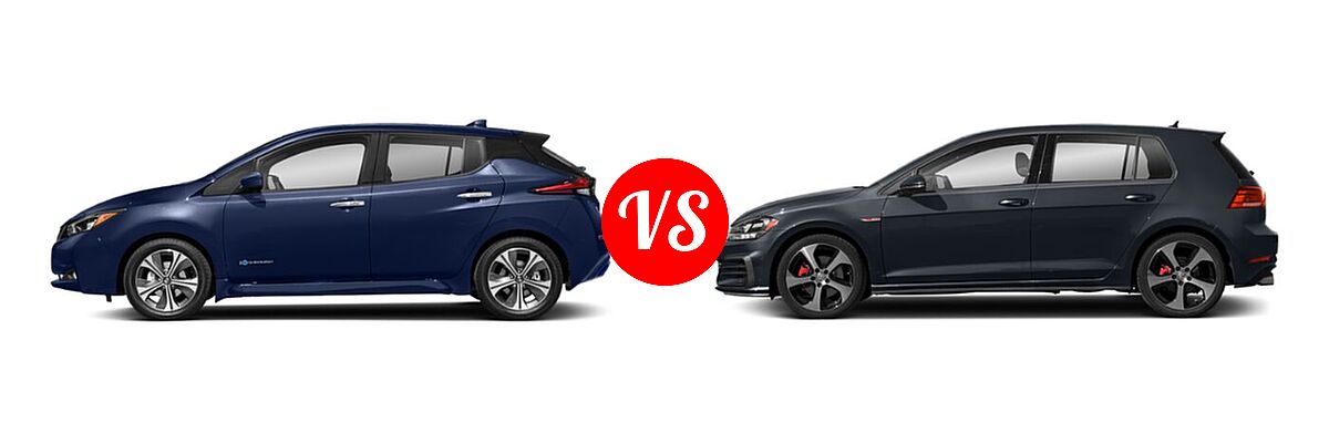2021 Nissan Leaf Hatchback Electric S / S PLUS / SL PLUS / SV / SV PLUS vs. 2021 Volkswagen Golf GTI Hatchback S - Side Comparison