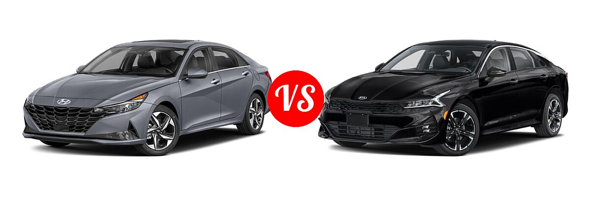 2021 Hyundai Elantra Sedan Limited / N Line / SE vs. 2021 Kia K5 Sedan GT-Line - Front Left Comparison