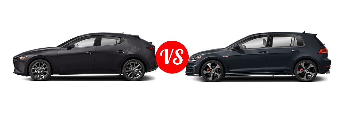 2021 Mazda 3 Hatchback Preferred vs. 2021 Volkswagen Golf GTI Hatchback S - Side Comparison
