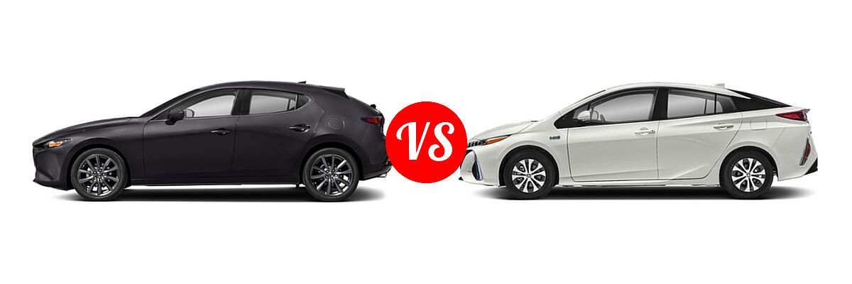 2021 Mazda 3 Hatchback Preferred vs. 2021 Toyota Prius Prime Hatchback PHEV LE / XLE - Side Comparison