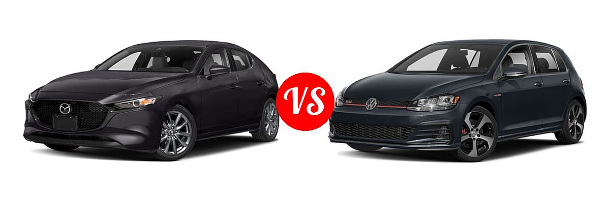 2021 Mazda 3 Hatchback Preferred vs. 2021 Volkswagen Golf GTI Hatchback S - Front Left Comparison