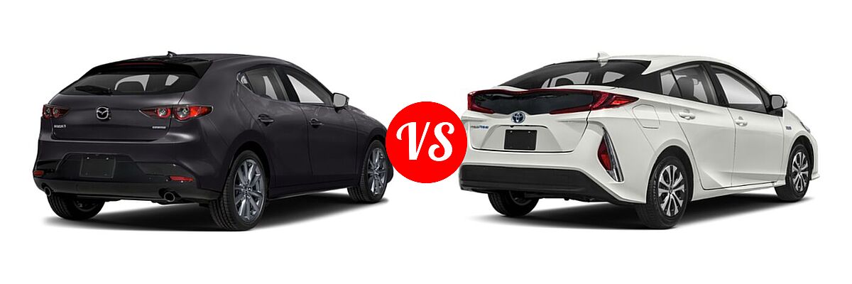 2021 Mazda 3 Hatchback Preferred vs. 2021 Toyota Prius Prime Hatchback PHEV LE / XLE - Rear Right Comparison