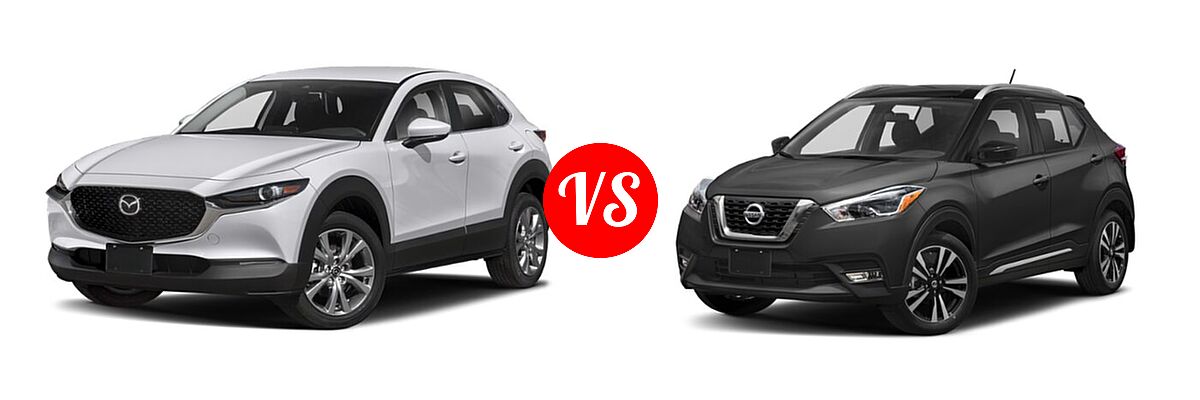 2020 Mazda CX-30 SUV Preferred Package vs. 2020 Nissan Kicks SUV SR - Front Left Comparison